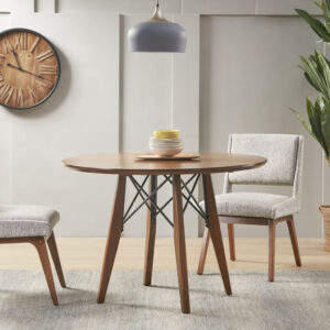 INK+IVY Clark Round Dining Pub Table offers a warm and inviting update your dining room decor. This round dining table flaunts a two tone pecan wood finish on the table top to create dimension and emphasize the mid-century look. The solid wood legs and metal stretcher provide a sturdy base and complement the table top. Perfect for a small dining nook