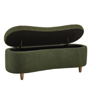 it also has a straight back that fits snugly against a wall or bed. The upholstered bench sits atop solid wood legs