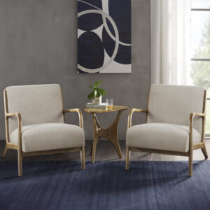 Sit back and relax in the comfort and mid-century style of the INK+IVY Novak Lounge Chair. This lounge chair features a soft upholstered seat and back. The upholstery is beautifully complemented by elm wood finish on the solid wood frame and round arms