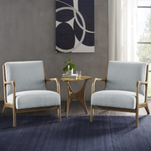 Sit back and relax in the comfort and mid-century style of the INK+IVY Novak Lounge Chair. This lounge chair features a soft upholstered seat and back. The upholstery is beautifully complemented by elm wood finish on the solid wood frame and round arms