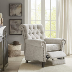 Update your living space with the elegant transitional style of the Madison Park Aidan Push Back Recliner. Rounded arms and a high rounded back give this recliner chair a simple