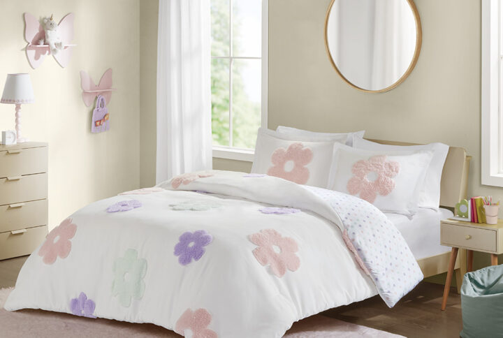 The Urban Habitat Kids Gracie duvet cover set features a charming floral tufted chenille design in purple