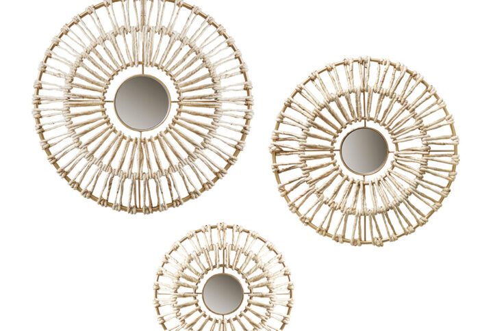 Accent your home decor with the natural boho touch of our Madison Park Ella Round Natural Fiber and Mirror 3-piece Wall Decor Set. This 3 piece wall decor set features round iron frames wrapped in natural corn husks to create a unique and fresh look. Each wall decor comes in a different size with a mirror center and a keyhole hook fixture to make them easy to hang. Display this modern boho wall decor together or separately in your living room or kitchen to give your home a one-of-a-kind stylish update.