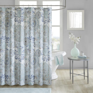 Refresh your bathroom with our Madison Park Isla shower curtain. This printed shower curtain flaunts a beautiful floral and medallion motif in soft blue and neutral watercolor hues. While the 100% cotton percale base adds natural appeal for an organic touch to any decor. Machine washable for easy care