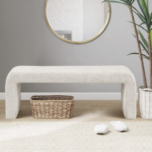 Steve bench has a sleek waterfall design with rounded corners and is upholstered in soft