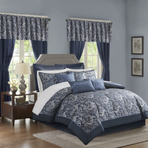 The Madison Park Essentials Brystol 24 Piece Room in a Bag provides a total makeover for your bedroom decor. This traditional comforter flaunts a navy