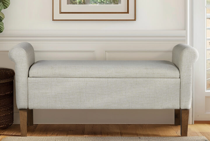 Elevate your space with the timeless appeal of the 510 Design Aubrey Storage Bench. Blending transitional style with practicality