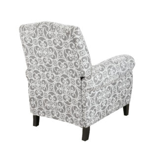 the Madison Park Kirby Push Back Recliner makes a stunning statement in any room. This recliner chair features a high camel back and rolled arms in grey upholstery with an elegant fretwork print