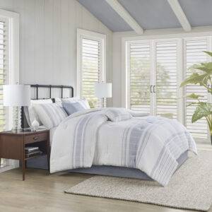 Introduce an upscale cottage charm to your bedroom with the Harbor House Morgan 6 Piece Cotton Comforter Set. This 100% cotton jacquard comforter features textured vertical woven stripes with contrasting horizontal blue stripes on white ground