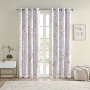 The Intelligent Design Rebecca Grommet Top Printed Marble Metallic Blackout Curtain adds a gorgeous and striking update to your bedroom décor. This window panel flaunts a gold marble metallic print on an ultra-soft blush microfiber base. Using thermal technology on the back of the curtain panel