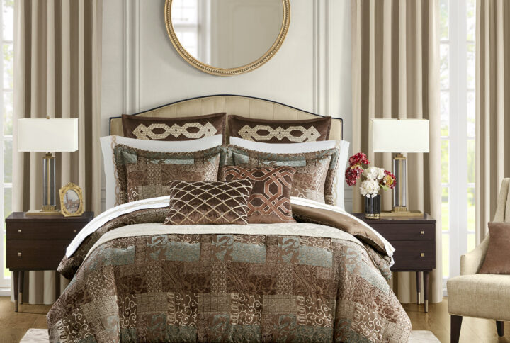 This patchwork is one of Croscill’s signature patterns that has not been surpassed in the past decades. It cleverly samples different ornamental patterns. This pattern is created with a jacquard loom in order to achieve the intricacy of the design and to enhance different textures and nuances in the weaving. This color palette is characterized by warm