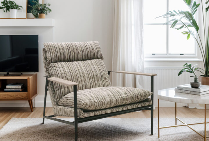 The Stripe/Multi Monte Accent Chair is the perfect update to a mid-century modern decor.  The  metal frame with solid wood armrests and high-density foam filling provide long-lasting support and comfort. Upholstered in a modern polyester stripe fabric