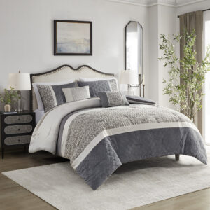 This transitional style comforter set features a boucle textured jacquard fabric pieced with quilted mink and charmeuse that is the perfect modern update to any traditional bedroom. Also included are two decorative pillows featuring either the matching boucle texture design or embroidery details to add a touch of elegance to the overall set. The main colors present is a pewter grey which balances well with the creamy birch tone. Made with 100% hypoallergenic polyester filling