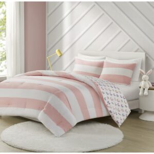 Add a bright and playful update to your kid's bedroom with the Urban Habitat Kids Sammie Cotton Cabana Stripe Reversible Comforter Set. This soft cotton comforter and 2 shams (1 in Twin) features a classic pink and white cabana stripe with a colorful rainbow print on the reverse