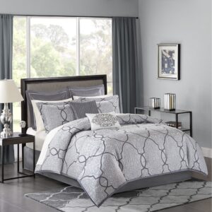 The Madison Park Lavine 12 Piece Bedding Collection gives your bedroom a rich and luxurious makeover. The comforter features a metal grey jacquard woven fabric with a 3D effect created by a damask design in light and dark grey. The two pillow shams match the comforter design to enhance the luxury style. Two decorative pillows with embroidery and fabric manipulation details coordinate with the two euro shams for a stunning bedroom look. The set also comes with a complete ivory 100% cotton sheet set that adds a cozy touch to the bedding set. The items in the set may arrive in a rolled or compressed form