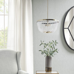 The Hampton Hill Melrose 2-Light Beaded Chandelier offers a beautiful combination of modernity and elegance to elevate your decor. This chandelier features an antique brass finish metal frame with white bead detailing accenting the dish-shaped shade. The 2 multidirectional light bulb sockets in the center of the chandelier provide plenty of light to illuminate your dining room or kitchen space. 2 Type A bulbs are needed (not included).