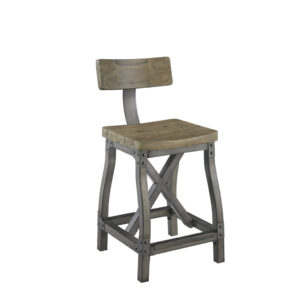 the industrial look of this stool will create a bold statement to your decor. Constructed from solid wood the seat and back is finished in reclaimed grey smooth. The base is finished in antique silver to mimic a metal texture