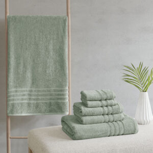 Complete your bathroom decor with our Clean Spaces Nurture Sustainable Antimicrobial 6PC Towel Set. This eco-friendly solid green towel set is made from regenerated cotton and recycled polyester fibers safeguarding our resources for a better carbon footprint