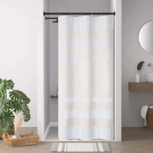 Update your space with the Madison Park Spa Waffle Shower Curtain with 3M Treatment. Featuring a fresh and updated stripe design