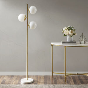 Update your space with the unique style of the INK+IVY Holloway 3-Globe Light Floor Lamp with Marble Base. This floor lamp features a white glass shade and a metal fixture with a gold finish for a striking contrast. The rounded shape creates a truly modern look for your living room or bedroom. Three Type B light bulbs are needed(not included).