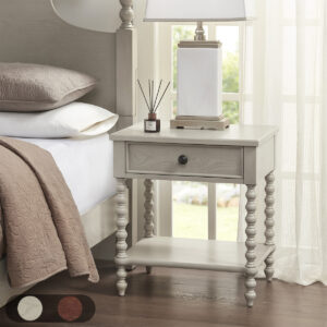 Complement your bedroom space with the Madison Park Signature Beckett Nightstand. This nightstand table features a natural whitewash finish to create a warm and inviting look. A single drawer and lower shelf provide plenty of space for your bedside essentials. The turned solid wood legs add an elegant accent