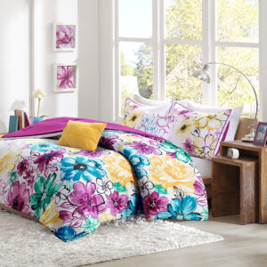 Bring a bright and cheerful update to your bedroom with the Intelligent Design Olivia Comforter Set. The comforter and shams (1 in Twin/TwinXL) flaunts bright colors and an asymmetrical floral print to invigorate your space with striking style. A solid fuchsia reverse complements the top of the bed. The 2 decorative pillows feature floral embroidery and fabric manipulation