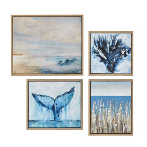 The Madison Park Seascape 4-piece Framed Canvas Wall Art Set offers a relaxing addition to your coastal-themed decor. This canvas set features a collaboration between 4 artists