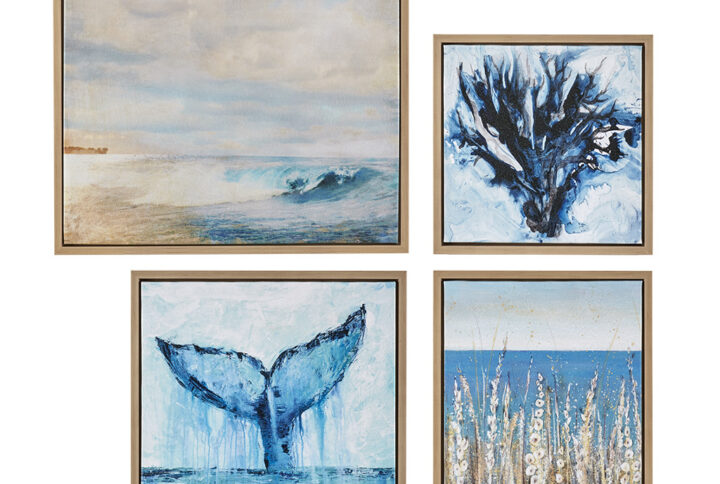 The Madison Park Seascape 4-piece Framed Canvas Wall Art Set offers a relaxing addition to your coastal-themed decor. This canvas set features a collaboration between 4 artists