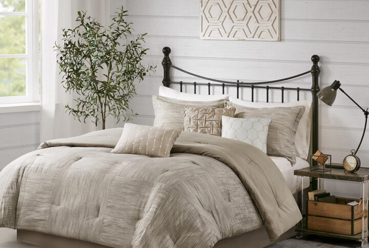 The Madison Park Walter 7 Piece Printed Seersucker Comforter Set Offers A Chic Modern Update To Your Bedroom. This Taupe Comforter Set Features A Pieced