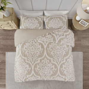 The Madison Park Viola 3 Piece Tufted Cotton Chenille Damask Duvet Cover Set offers the perfect cottage touch to your bedroom décor. A tufted chenille damask design is beautifully displayed on the 100% cotton duvet cover and matching shams