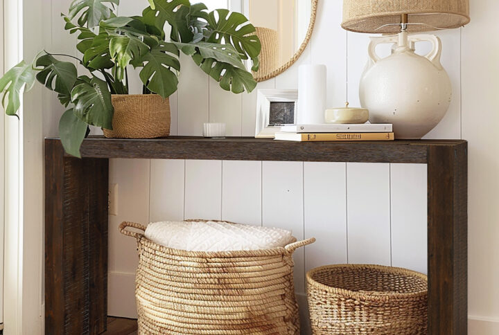 Modern clean lines and a simple design are beautifully combined to create this console table. This piece of multifunctional furniture features a solid wood construction in a deep finish with distressing details for a charming modern look. Some color variations will occur in the natural wood grain