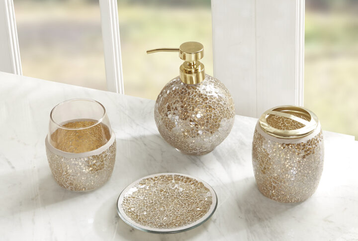 Add an alluring radiance to your bathroom with the Madison Park Mosaic 4 Piece Bath Accessory Set. Flaunting a crackle glass mosaic design