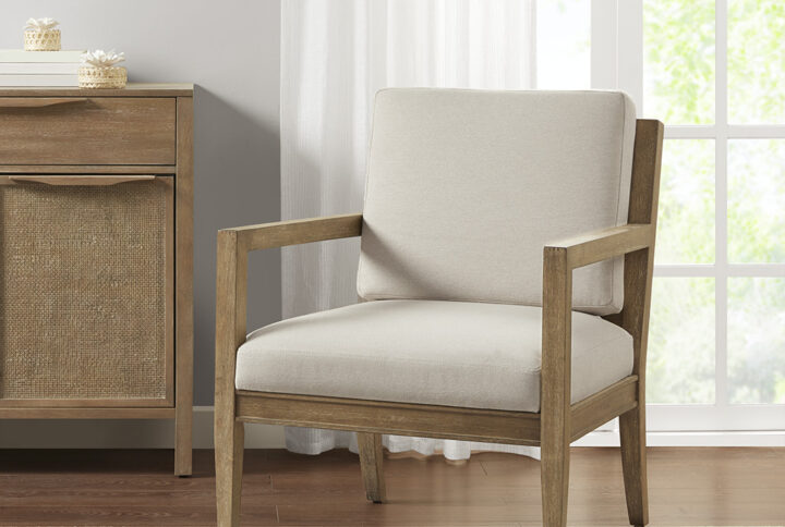 Bring timeless design and transitional styling to your home with the Madison Park Tage Accent Armchair. Made with a sturdy solid wood frame in a reclaimed grey finish