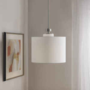 The Pacific Metal Pendant with Drum Shade is the perfect update of urban sophistication to any room. A metal and glass light diffuser is featured in a silver finish