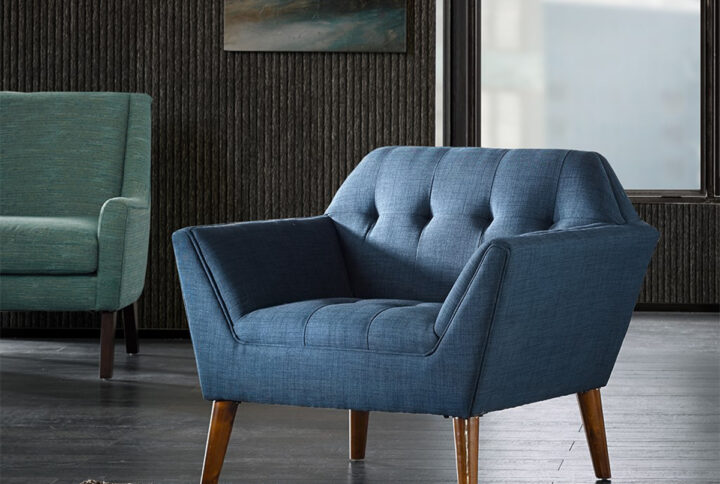 Elevate your living area with the mid-century allure of the INK+IVY Newport Upholstered Armchair. Featuring a wide 37-inch profile and a striking angular silhouette