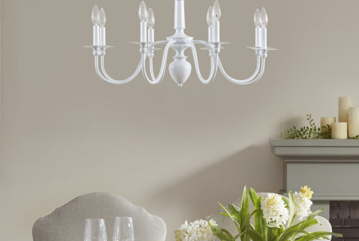 Martha Stewart's Bedford Home provides the inspiration for the sophisticated allure of the Amelia 8-Light Traditional Metal Chandelier. Beautifully crafted with a glossy white finish