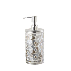 This timeless mosaic collection showcases hand-crafteded mosaic accessories to elevate your bathroom. The combination of champagne gold and silver stained glass in a floral motif reflects light beautifully and can be a luxurious centerpiece for bathroom decor.