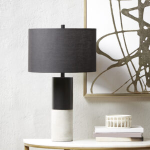 Define your space with the decadence of INK+IVY's Fulton Concrete Table Lamp. The steel and concrete base flaunts a black finish that spirals around itself for a modern look. A fabric drum-shaped shade lavishly complements the base with its dark hue. The 72-inch clear cord provides plenty of length to place the lamp in your living room or bedroom for extra light