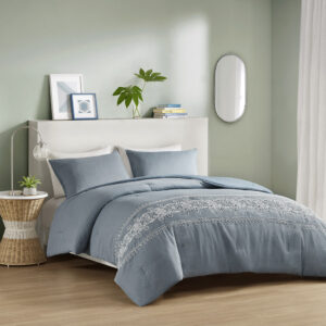 Bring a dreamy and romantic allure to your bedroom with the Intelligent Design Bree Embroidered Comforter Set. This lovely blue comforter features beautiful white embroidery details at the foot of the bed that add an elegant touch of beauty. Matching shams (1 in Twin/TwinXL) complement the comforter and complete the casual look of the comforter set. The hypoallergenic polyester filling in the contemporary comforter contains no allergens and is treated to be dustproof. Machine washable for easy care