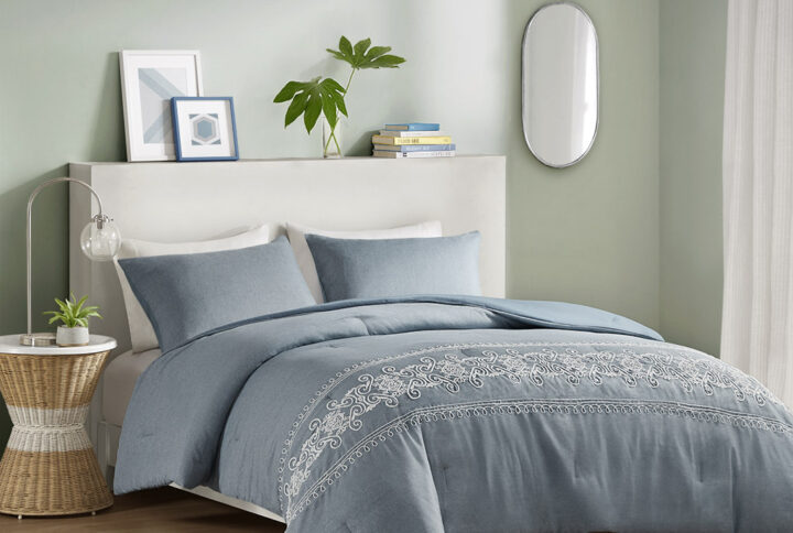 Bring a dreamy and romantic allure to your bedroom with the Intelligent Design Bree Embroidered Comforter Set. This lovely blue comforter features beautiful white embroidery details at the foot of the bed that add an elegant touch of beauty. Matching shams (1 in Twin/TwinXL) complement the comforter and complete the casual look of the comforter set. The hypoallergenic polyester filling in the contemporary comforter contains no allergens and is treated to be dustproof. Machine washable for easy care