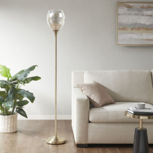 Add a simple and elegant update to your living room with the Bellow Uplight Floor Lamp with Mercury Glass Shade by INK+IVY. This upright floor lamp features a slender antique brass metal stand with a mercury glass shade to create a sophisticated transitional look. A round base and clear power cord complete the metal floor lamp and provide a chic illuminating addition to your home. One Type A light bulb is needed and included.