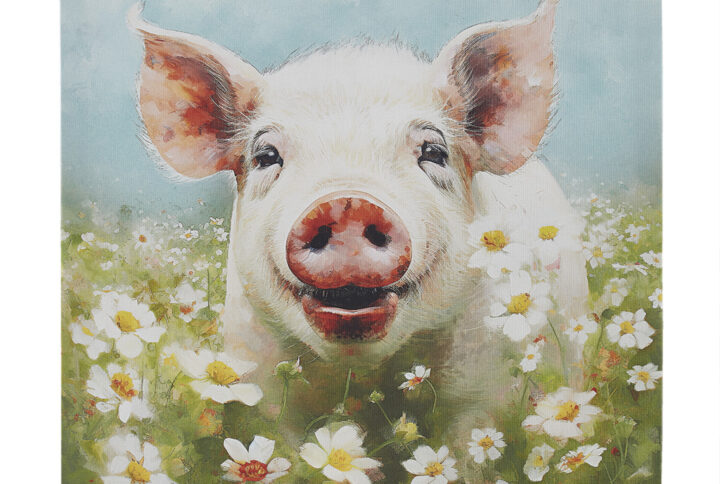 Bring a touch of whimsy to your interiors with Tessa Kane's 16"W x 16"H happy pig wall art decor. This joyous canvas features a radiant pig blissfully dancing in flower fields