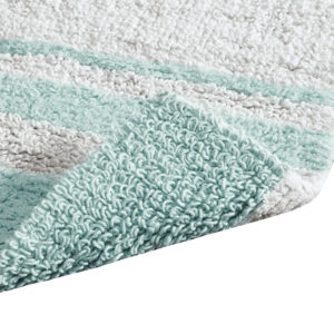 reversible rug has both cut and looped cotton on each side in contrast fashion colors to a white ground for a spa look within your home. The soft highly absorbent cotton on both sides will feel fluffy and absorbent on your feet! A rug pad is highly recommended for safety and to keep rug secured in place. Due to the looped cotton construction