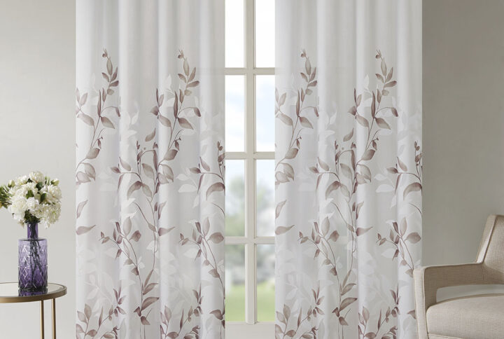 Transform any room with the beauty of our Madison Park Cecily Printed Window Panel. The gorgeous panel flaunts a stunning all over mauve botanical design burned out for a dimensional and fresh update. Finished with silver grommet tops for easy hanging