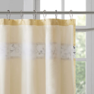 Add an elegant addition to your bathroom with the Madison Park Serene shower curtain. Its soft yellow pairs with delicate embroidery for the perfect combination. This 72x72" shower curtain is machine washable for easy care.Complete the look with coordinating bedding available and sold separately.