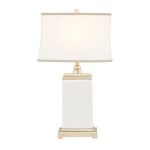 Bring a touch of elegance to any room in your home with the Hampton Hill Colette Ceramic Table Lamp. This rectangular table lamp features an ivory ceramic stand with an antique silver metal base and top to create a sophisticated transitional look. The off-white cotton shade softly filters the light into your room and is accented with a grey trim to complement the design. No assembly required.