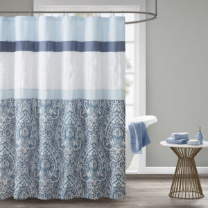 The 510 Design Shawnee Printed and Embroidered Shower Curtain adds a sophisticated flair to your bathroom decor. Featuring a printed and pieced design