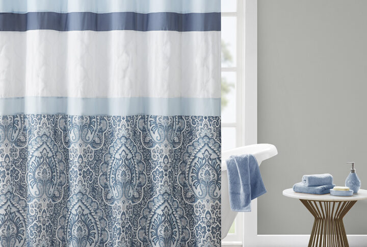 The 510 Design Shawnee Printed and Embroidered Shower Curtain adds a sophisticated flair to your bathroom decor. Featuring a printed and pieced design