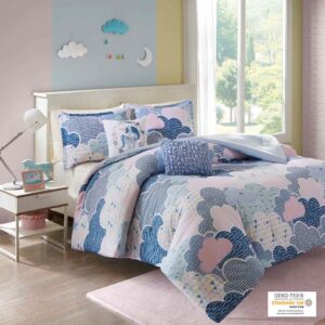 Drift off to dreamland with the whimsical charm of the Urban Habitat Kids Cloud Cotton Printed Comforter Set. The comforter and shams (1 for Twin Sizes) showcase a cute and fluffy cloud motif in a soft colorful palette with a solid reverse. An oblong decorative pillow features all-over ruching and the square pillow features an embroidered unicorn. Made from 100% pre-shrunk cotton