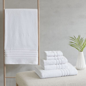 Complete your bathroom decor with our Clean Spaces Nurture Sustainable Antimicrobial 6PC Towel Set. This eco-friendly solid white towel set is made from regenerated cotton and recycled polyester fibers safeguarding our resources for a better carbon footprint